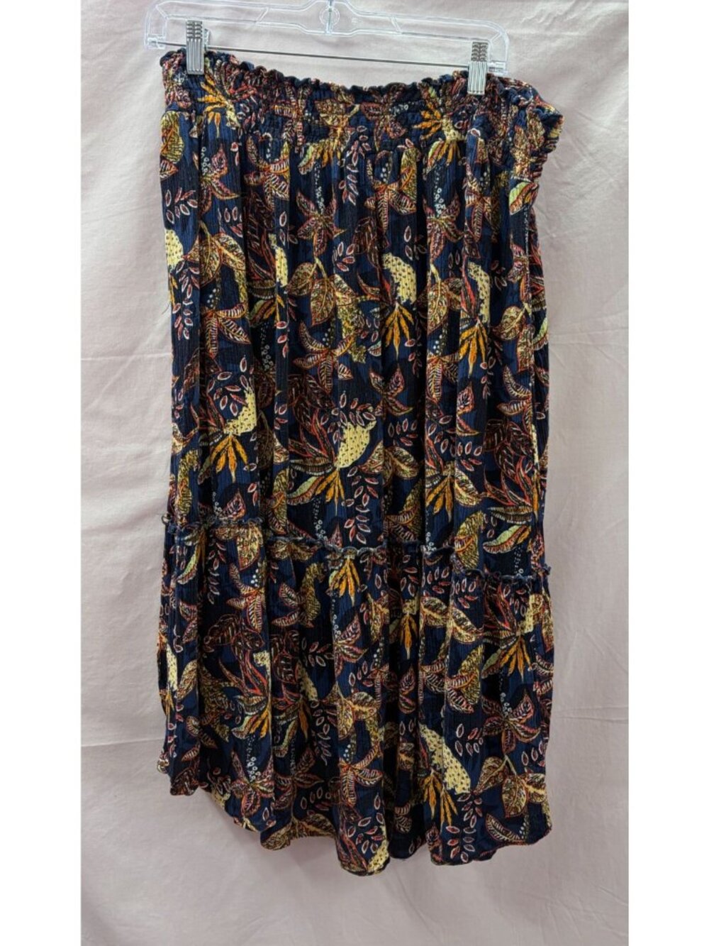 Boho Tropical Floral Tiered Midi Skirt Navy Orange Smocked Waist Crinkle Rayon
